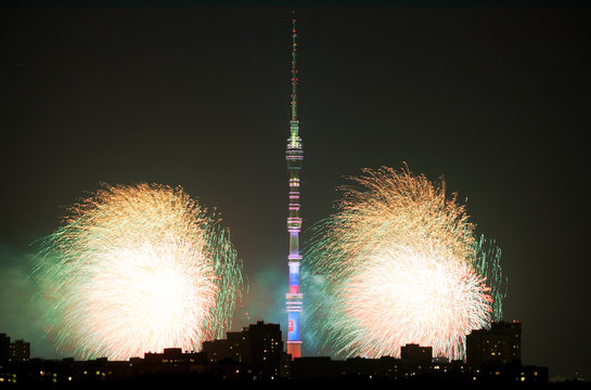 scene with fireworks and Ostankino TV Tower