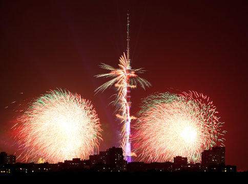 fireworks near Ostankinskaya TV Tower in Moscow