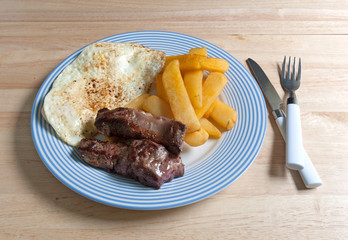 Breakfast meal on blue striped plate with fork and knife