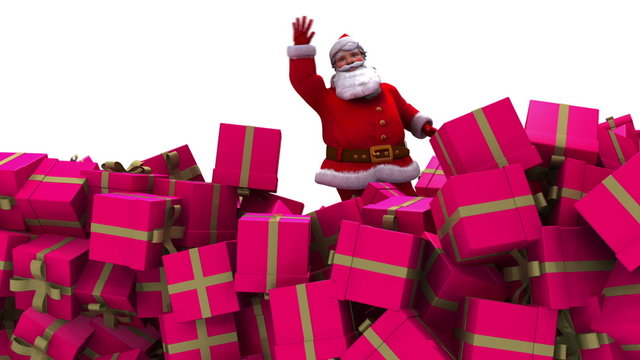 Santa falls into a pile of presents and waves