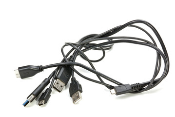 Isolated View of Three Black Intertwined USB Cables