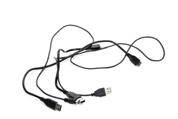 Three Isolated Black Intertwined USB Cables on White