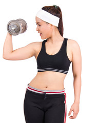 Women who are exercising the dumbbell on  white background