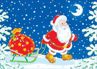 Santa carrying a bag of Christmas gifts on a sledge