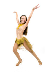Teenger smiling in golden dress posing for dancing