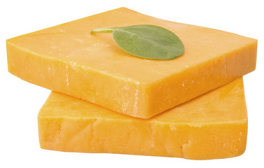 two slices of cheddar decorated with arugula isolated