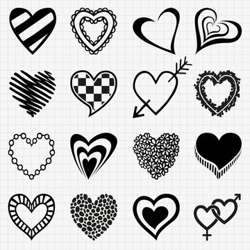 Hand drawn set of heart icons