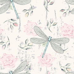 grungy floral seamless pattern with dragonflies - 73115087