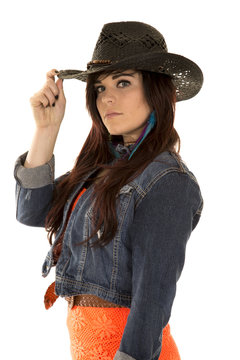 cowgirl denim jacket touch hat serious