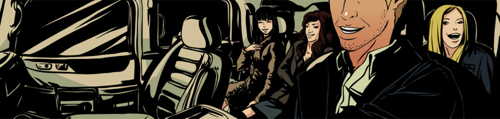 Cheerful group of friends in a car