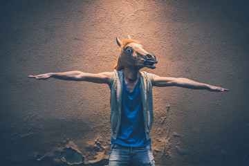 horse mask young hipster gay man - obrazy, fototapety, plakaty