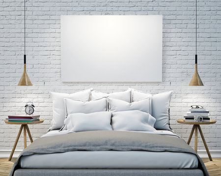 blank poster on the wall of bedroom, mock up background