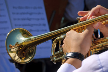 Fototapeta na wymiar Musician playing trumpet in street orchestra