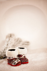 Baby Slippers Near Christmas Tree On Snowy Background
