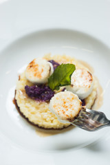 Caramelized sugar on mozzarella cheese with risotto