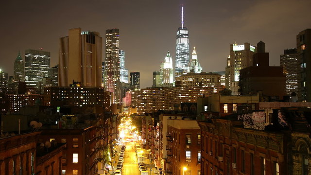 downtown night light street freedom tower 4k time lapse new york