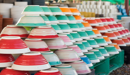 dish-Bowl-Stack of colorful plates. Menu concept