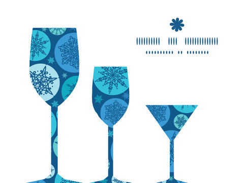 Vector round snowflakes three wine glasses silhouettes pattern