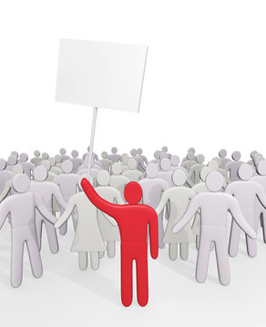 Man with poster stands before crowd of people. Concept of demand