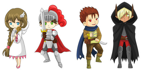 Four fantasy cartoon warriors and wizard characters set (vector)
