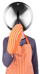 Cooker holding lid for the pan on light background