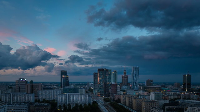 Warsaw Skyline Dusk City Timelapse, Polish Capital