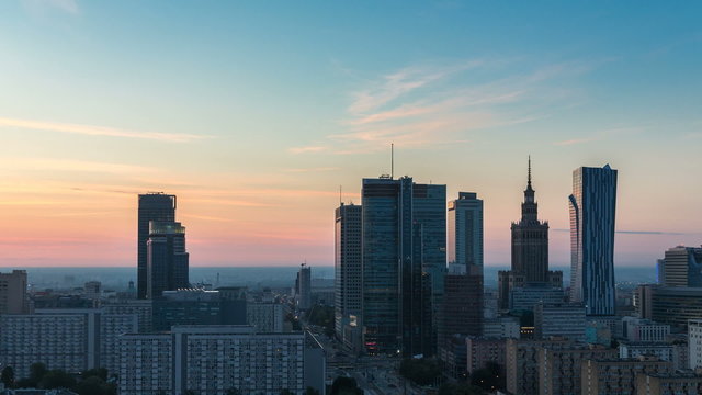 Warsaw Skyline Sunrise City Timelapse, Polish Capital