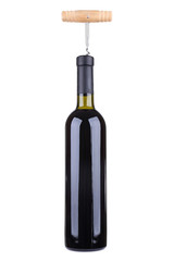Bottle of great wine with corkscrew isolated on white
