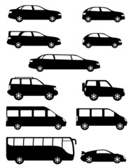 set icons passenger cars with different bodies black silhouette