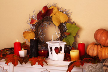 Festive autumn decor on fireplace