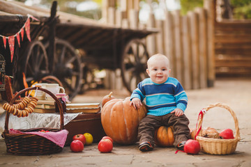 Fototapeta premium kid playing in the yard of his house in the village