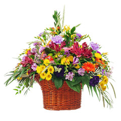 Flower Bouquet Arrangement Centerpiece in Basket Isolated on Whi