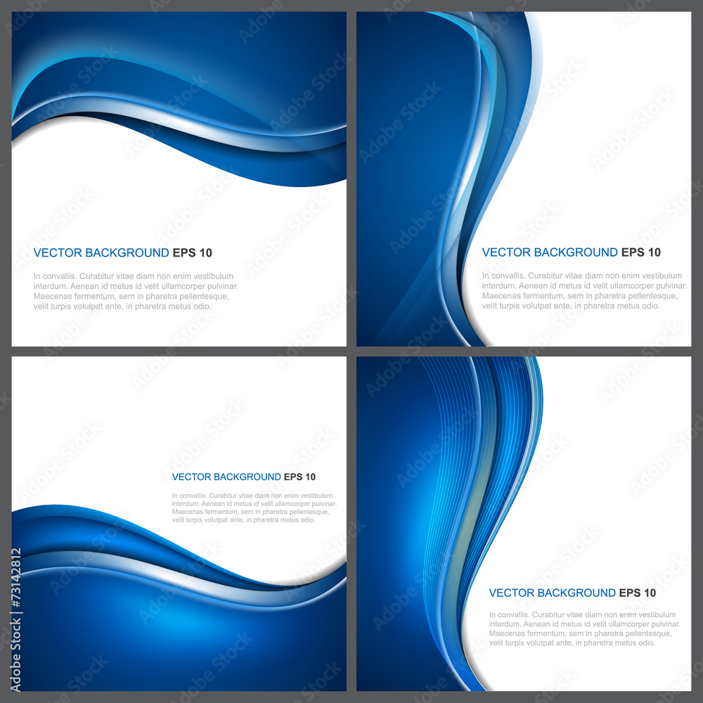 Poster set of abstract blue vector background with wave, shiny effect