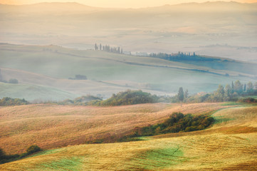 Beautiful sunrise over the Val d'Orcia in Tuscany, natural park