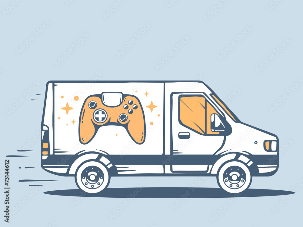 Wall mural vector illustration of van free and fast delivering joystick to