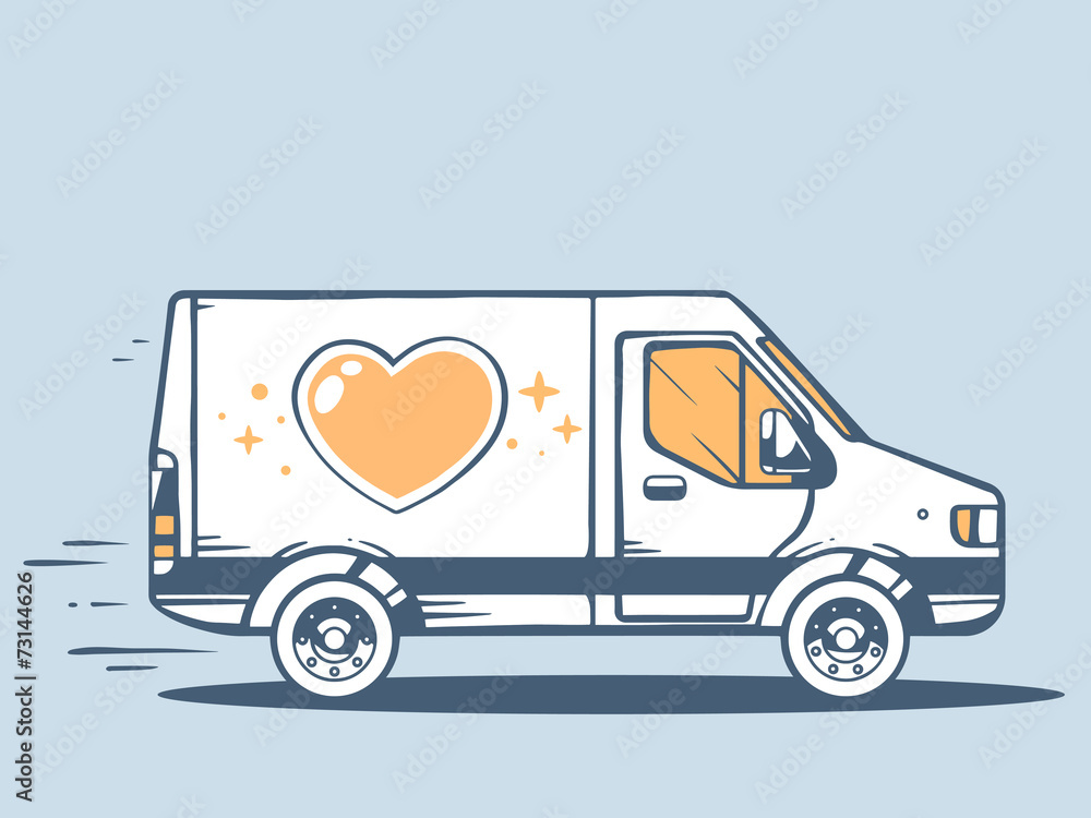 Wall mural vector illustration of van free and fast delivering heart to cus