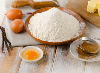 Baking ingredients  on  white wooden table