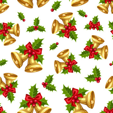 Seamless background with golden Christmas bells. Vector.