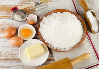 Baking ingredients  on a wooden table