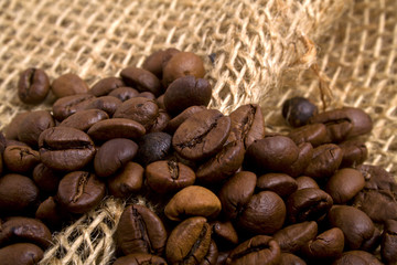 Coffee beans on burlap background