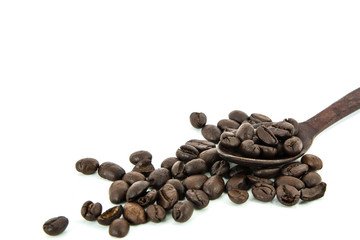Coffee and brown wood spoon with white background for cafe