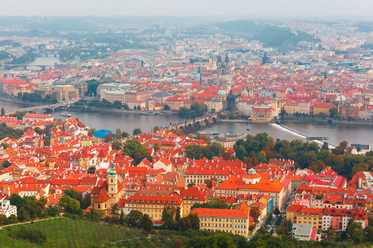 Aerial view over the Vltava River in Prague, Czech Republic