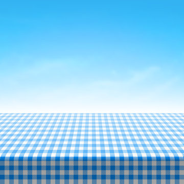 Empty Picnic Table Covered With Blue Checkered Tablecloth