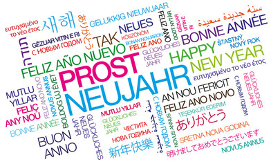 Fototapeta premium Prost Neujahr internationalen traduction Farben tag cloud