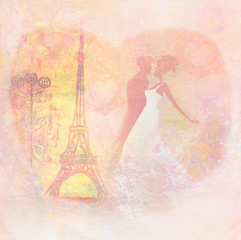Romantic couple in Paris kissing near the Eiffel Tower, Retro ca