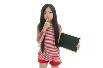 Beautiful asian girl holding chalk board and thinking