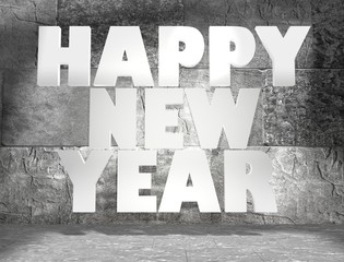 concrete blocks empty room with white happy new year text