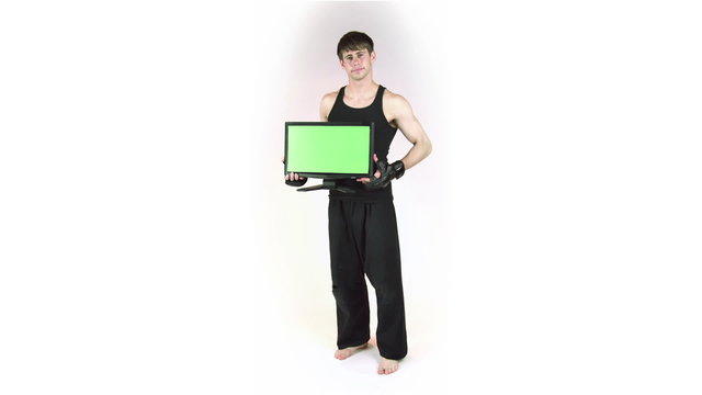 model isolated on white confident with greenscreen computer