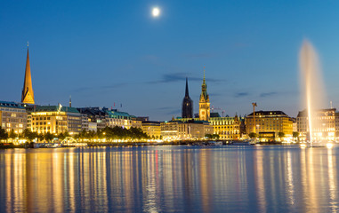 Downtown Hamburg with the Binnenalster lake at night