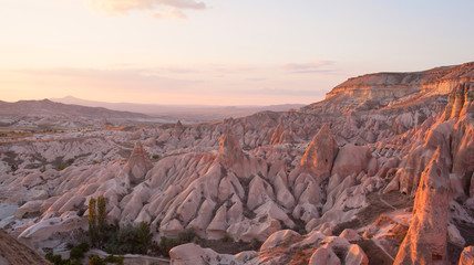 mountains and valley in the evening during sunset in Cappadocia